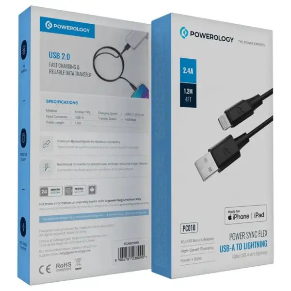 POWEROLOGY POWER SYNC FLEX USB-A TO LIGHTNING CABLE 2.4A 1.2M | PC010 BLACK